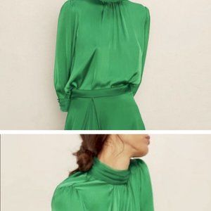 ZARA Emerald Green High Neck Satin Blouse NWT